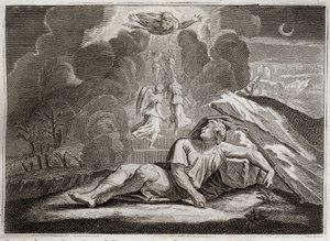Bijbel van Royaumont, Oude Testament: Ladder van Jakob. Jakob, die vlucht voor de woede van Esau, ziet in zijn slaap een mysterieuze ladder. Illustratie uit 1811. door Unknown artist
