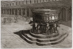 Bijbel van Royaumont, Oude Testament: Koperen Zee. Gietijzer wordt meestal de Koperen Zee genoemd om de voeten en handen van de priesters te wassen wanneer ze de tempel binnengaan. Illustratie uit 1811.