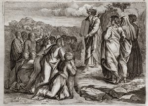 Bijbel van Royaumont, Oude Testament: Tweede Tafelen van de Wet. God geeft Mozes andere tafelen (Tien Geboden), die het volk met respect ontvangt. Illustratie uit 1811.