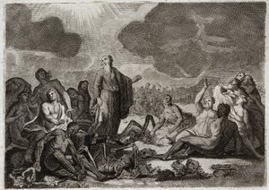 Bijbel van Royaumont, Oude Testament: Tweede visioen van Ezechiël. Het visioen dat de profeet Ezechiël had van verschillende uitgedroogde beenderen die een menselijke vorm aannamen. Illustratie uit 1811. door Unknown artist