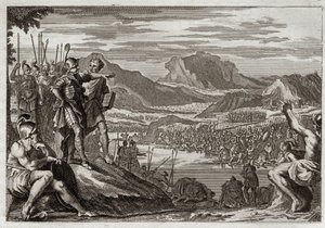 Royaumont Bijbel, Oude Testament: Soldaten van Gedeon. God beveelt Gedeon (Gideon) om al zijn troepen naar de Jordaan te leiden en geeft hem een teken om degenen te onderscheiden die hij moest gebruiken om tegen de Midianieten te vechten. Illustratie uit 1 door Unknown artist