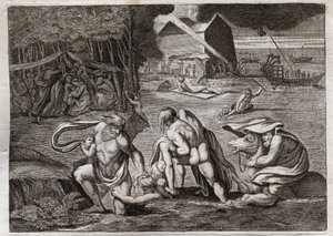 Bijbel van Royaumont, Oude Testament: De Zondvloed. De zondvloed overspoelt de hele aarde. Alleen de Ark redt degenen die erin opgesloten waren van deze ondergang. Illustratie uit 1811.