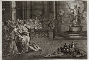 Bijbel van Royaumont, Oude Testament: Het afgodsbeeld van Bel. Daniël vernietigde het afgodsbeeld van Bel en doodde een draak die de Babyloniërs aanbaden. Illustratie uit 1811. door Unknown artist