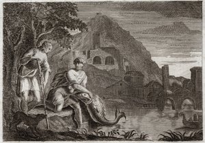 Royaumont Bijbel, Oude Testament: De engel leidt Tobia. Jonge Tobia wordt bang van een vis die hem wilde opeten. Engel Rafaël komt op Gods bevel om hem te begeleiden op een reis die hij moest maken. Illustratie uit 1811. door Unknown artist