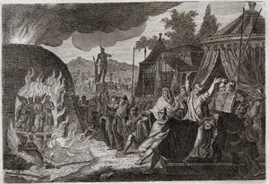 Bijbel van Royaumont, Oude Testament: De drie kinderen van Babylon in de oven. Koning Nebukadnezar II gooit drie jonge Hebreeuwse mannen in een brandende oven, waaruit ze wonderbaarlijk worden bevrijd. Ze heten Ananias, Azarias en Misael (of Sadrach, Mesac