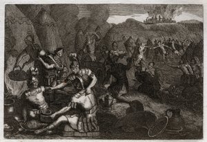 Bijbel van Royaumont, Oude Testament: Dieven van Siceleg. Enkele Amalekieten komen Siceleg plunderen in afwezigheid van David. Hij rent woedend en verslaat hen. Illustratie uit 1811. door Unknown artist