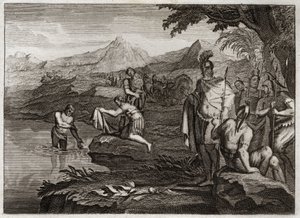 Bijbel van Royaumont, Oude Testament: Oorlog van Naäman. Naäman, generaal van het leger van de koning van Syrië, kwam de profeet Elisa opzoeken om van zijn melaatsheid genezen te worden. Illustratie uit 1811 door Unknown artist