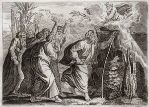 Bijbel van Royaumont, Oude Testament: Water uit de Rots. Mozes brengt water uit de rots en geeft het volk van Israël te drinken. Illustratie uit 1811. door Unknown artist