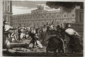 Bijbel van Royaumont, Oude Testament: Zacharia gestenigd. Zacharia, de hogepriester, wordt gestenigd op bevel van Joas (Jehoash), koning van Juda, omdat hij zijn bevelen niet opvolgde. Illustratie uit 1811. door Unknown artist