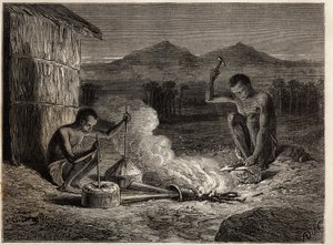 Smeden in Simiango, aan de oevers van de Zambezi-rivier. Gravure ter illustratie van Dr. Livingstone