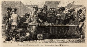 Boekverkopers en brocanteurs in de wind, nabij Montanara-plein, onder een opgezette tent, amateurs en geestelijken strijden om een rommelmarkt van antiek, sommigen lezen daar, anderen onderhandelen met gebaren. Gravure ter illustratie van de reis naar Rome door Unknown artist