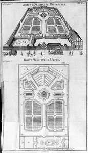 Botanische tuin - HORTI UPSALIENSIS perspectief en plan door Unknown artist