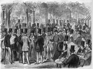 Makelaars bij de kleine Beurs van de Boulevard des Italians in Parijs, Frankrijk. Gravure in 
