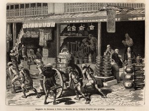 Bronzen winkel in Yedo (of Edo, het huidige Tokio), specialiteit van de stad, met voorwerpen van boeddhistische aanbidding: bellen, gongs, trommels, vazen, kandelaars, wierook en beelden, maar ook minder rituele voorwerpen zoals sakekannen, lampen, vuurpot door Unknown artist