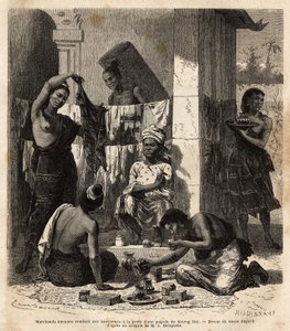 Birmese handelaren verkopen stoffen en parfums aan Laotiaanse vrouwen bij de deur van een pagode in Muong Mai. Gravure ter illustratie van de ontdekkingsreis in Indochina, door Francis Garnier, luitenant de Vaissseau, in 1866-1868, gepubliceerd in 