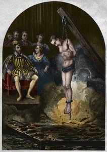 Brandkamer (rechtbank) onder koning Hendrik II (1519-1559) in aanwezigheid van Catherine de Medici. Gravure uit 1842 in Histoire des popes door Maurice Lachatre. Privécollectie. door Unknown artist