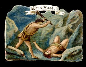 Kaïn doodt zijn jongere broer Abel uit jaloezie (Kinderen van Adam en Eva). Chromolithografie van de 19e eeuw