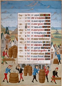 Kalender: Augustus - Fabricage van wijnvaten. Miniatuur van Meester Jean de Rolin uit 