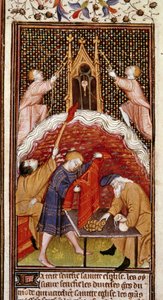 Kalenderpagina: Maart. Een pandjeshuis. Miniatuur uit het manuscript van de 