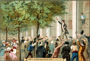 Camille Desmoulins bij het Palais Royal (12/07/1789). Chromolithografie 19e eeuw. - Franse Revolutie/Camille Desmoulins roept op tot een bestorming van de Bastille, Parijs door Unknown artist