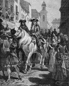 Camisardoorlog (1702-1704): een katholiek probeert de leider van de Camisards, Jean Cavalier (1681-1740), aan te raken. Nîmes, Gard (30). Gravure uit de 19e eeuw. In “Histoire de France” door Jules Michelet