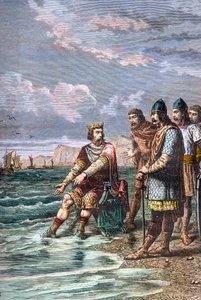 Knoet de Grote overtuigt zijn hovelingen dat hij niet de macht heeft om het tij te keren - Koning Knoet II de Grote (Knud I de Grote) (ongeveer 995-1035), koning van Engeland vanaf 1016, van Denemarken vanaf 1018 en van Noorwegen vanaf 1030 - Hij toont zij door Unknown artist