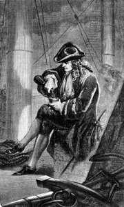 Kapitein Gabriel de Clieu (Declieux, Desclieux) (1687/1678- ca. 1774), in opdracht van Koning Lodewijk XIV in 1725 om een koffieplant terug te brengen naar Martinique, deelt met hem zijn rantsoen water om hem te redden van de droogte. Gravure van de 19e ee