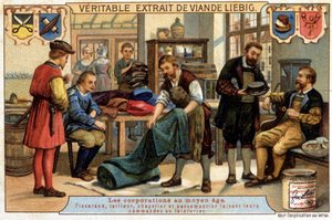 Beroepen in de Middeleeuwen: wever, kleermaker, hoedenmaker en pasteibakker die de stomerij bestelt - chromo Liebig door Unknown artist