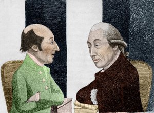Cartoon door James Hutton (1726 - 1797) links en Joseph Black (1728 - 1799) rechts. Gravure begin 19e eeuw