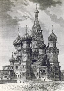 Kathedraal van de Bescherming van de Allerheiligste Theotokos op de Gracht of Sint-Basiliuskathedraal op het Rode Plein in Moskou, Rusland, gravure uit Vrij Rusland door Unknown artist