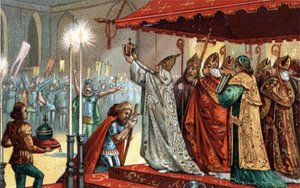 Karel de Grote (742-814) gekroond door paus Leo III (ca. 750-816) in de Sint-Pietersbasiliek in Rome op 25 december 800 - Heiliging (Kroning) van Karel de Grote (742-814) in 800 door paus Leo III door Unknown artist
