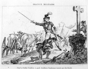 Hoofdman en soldaat te voet. Vendeaanse artillerie getrokken door ossen. Gravure uit de 19e eeuw door Unknown artist