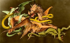 Chimères Een draak vecht tegen twee monsters. Gravure uit de 19e eeuw. door Unknown artist