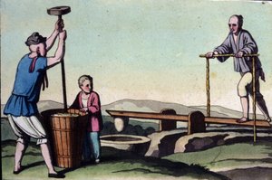 China, links het pellen van rijst en rechts de regulering van water voor de stekken - in 