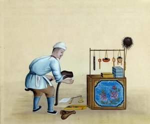 Chinese koopman die scharen slijpt om zilverbaren te snijden. Tekening uit de 17e eeuw. Parijs. B.N. door Unknown artist