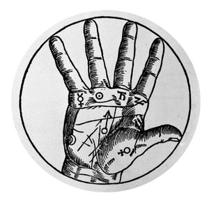 Chiromantie en waarzeggerij: voorstelling van de verschillende lijnen van de hand die de interpretatie van de persoonlijkheid mogelijk maken. Gravure uit de 17e eeuw door Unknown artist