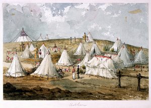 Chobham, kolonel Hodges, tent Grenadier Guards kampement. De tent van de koningin over de heuvel door Unknown artist