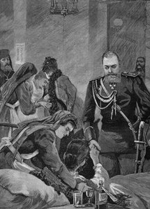 Cholera in Rusland in 1892: Alexander III, keizer van Rusland en zijn vrouw Maria Feodorovna, keizerin van Rusland bezoeken een ziekenhuis. Gravure uit 1892.