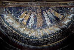 Christus tussen Sint Paulus, Sint Cecilia, Sint Pascal, Sint Petrus, Sint Valeriano en Sint Agata door Unknown artist