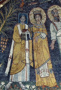 Christus tussen St. Paulus, St. Cecilia, St. Pascal, St. Petrus, St. Valeriano en St. Agata (mozaïek, 821) door Unknown artist