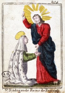 Christus en Sint Radegonde (ca. 520 - 587), Koningin van Frankrijk, vrouw van Clotaire (Clothaire) I. Vrome afbeelding. Gravure uit het begin van de 19e eeuw. Bibliothèque des Arts décoratifs de Paris.