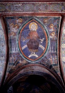Christus uit de Apocalyps met het tweesnijdend zwaard uit de mond, fresco 13e eeuw