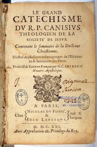 Christelijke religie: Titelpagina van de grote catechismus. Werk van Pierre Canisius