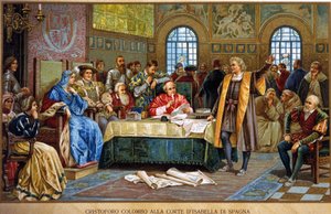 Christoffel Columbus aan het hof van Isabella I van Spanje, de Katholieke of Castilië. Chromolithografie van de 19e eeuw. door Unknown artist