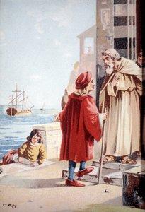 De jeugd van Christoffel Columbus. Chromolithografie uit de 19e eeuw