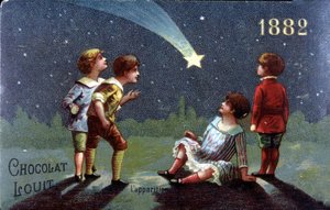 Chromolithografie Chocolat Louit uit 1882. Kinderen doen een wens bij het verschijnen van de ster