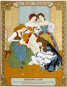 Assepoester past de glazen muiltje - Bon Marché reclame-etiket door Unknown artist