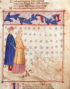 Cirkel van Verraders: Dante en Virgil ontmoeten Ugolino della Gherardesca, tiran van Pisa en veroordeeld voor verraad aan het vaderland, hij slaat het hoofd van de aartsbisschop Ruggeri. Verluchte pagina die het 33e lied van de Hel uit de 