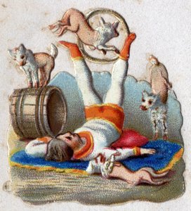 Circus: een dierentemmer met honden, waaronder een die door een hoepel springt. Chromolithografie rond 1890