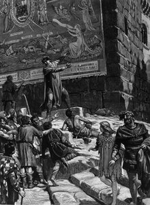 Cola di Rienzo (1314-1354), in de campagne om tribuun van het Romeinse volk te worden, legt de mensen van Rome de fresco